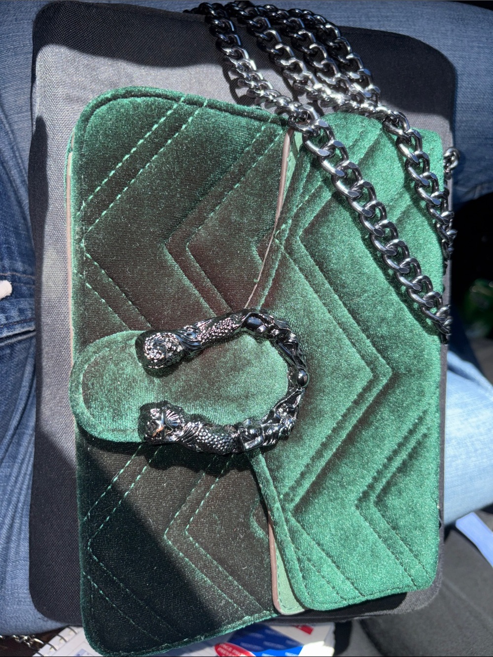 Emerald Velvet Chain Shoulder Bag with Decorative Hardware